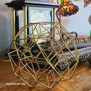 Large Geo Metal Decorative Sphere Sculpture 15” Circumference Goldtone 3D Orb